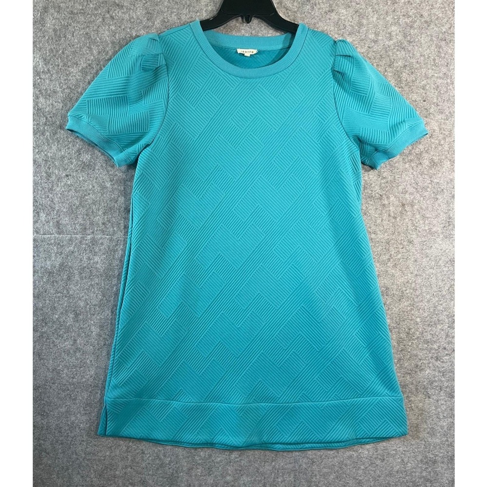 Jodifl Turquoise Blue Textured Geometric Puff Sleeve Shift Dress with Pockets